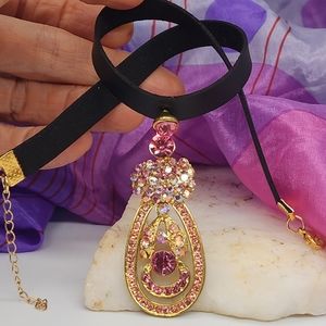 Victorian Style Medallion Gold Crystals Pendant Black Leather Cord